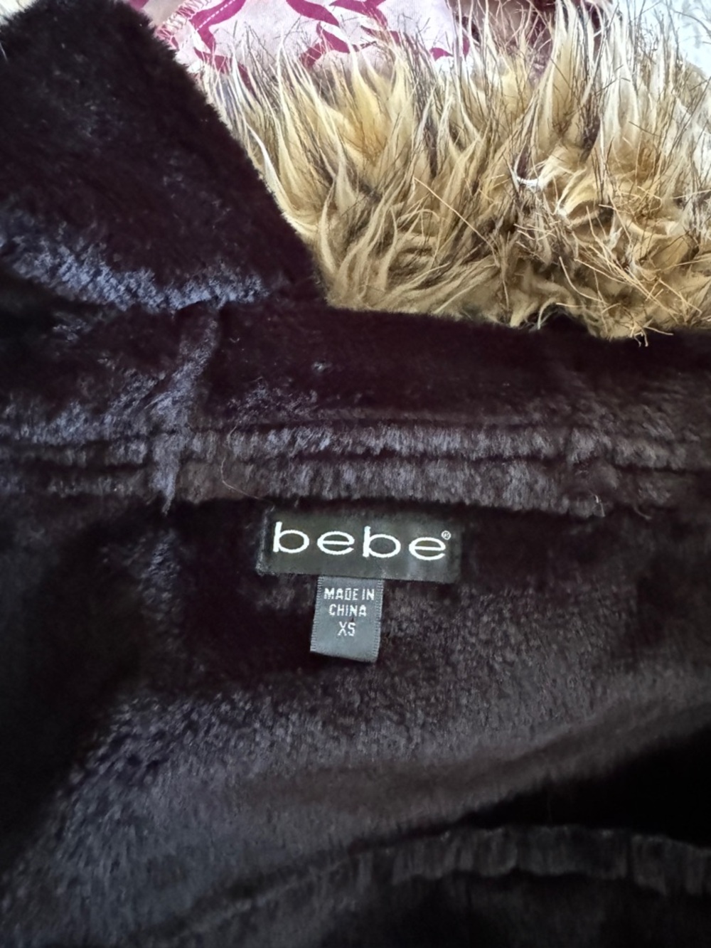 Vintage BEBE Suede Black Penny Lane Long Coat with Beige Faux-Fur Trim SZ XS - Picture 7 of 7